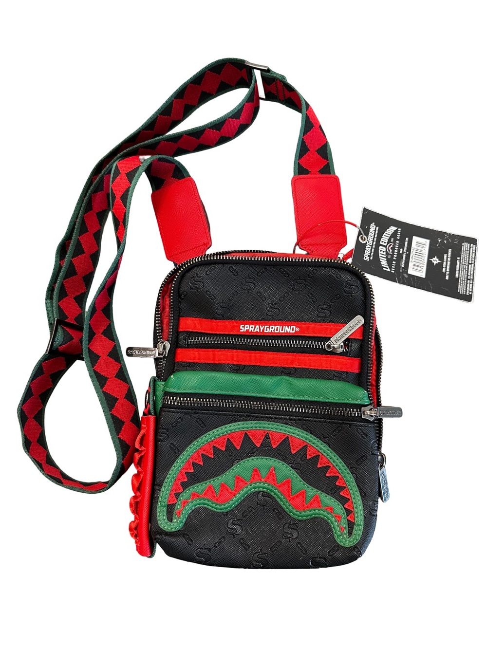 Sprayground Men's Black Red Green Shark Small Crossbody Bag (Bape)